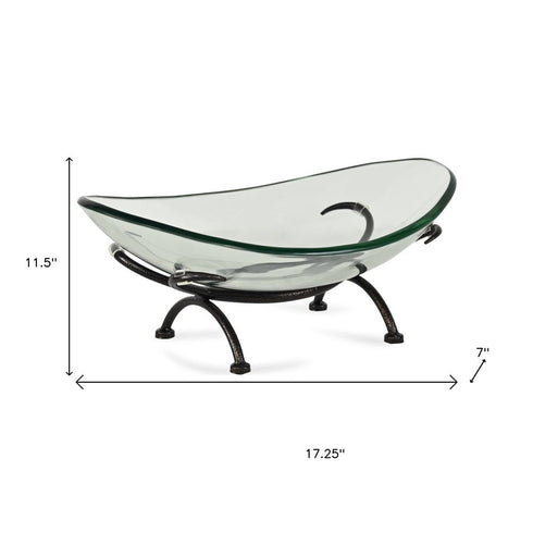 17" Clear And Black Glass And Metal Oval Decorative Bowl With Stand