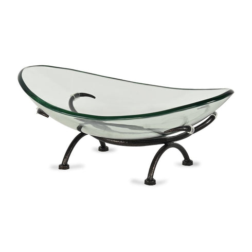 17" Clear And Black Glass And Metal Oval Decorative Bowl With Stand