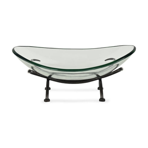 17" Clear And Black Glass And Metal Oval Decorative Bowl With Stand