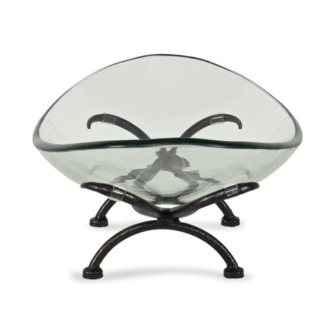 17" Clear And Black Glass And Metal Oval Decorative Bowl With Stand