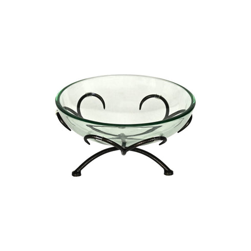 13" Clear And Black Glass And Metal Round Decorative Bowl With Stand