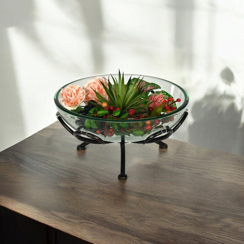 13" Clear And Black Glass And Metal Round Decorative Bowl With Stand