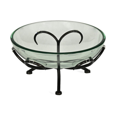 13" Clear And Black Glass And Metal Round Decorative Bowl With Stand