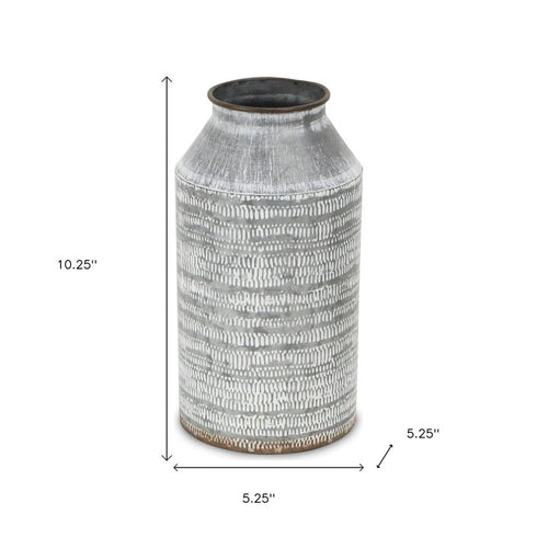 10" Gray Galvanized Metal Geometric Patterned Jug Vase