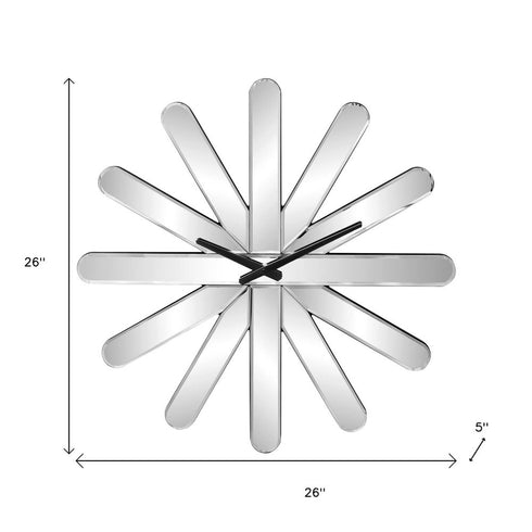 26" Silver Mirrored Glass Silent Analog Starburst Wall Clock