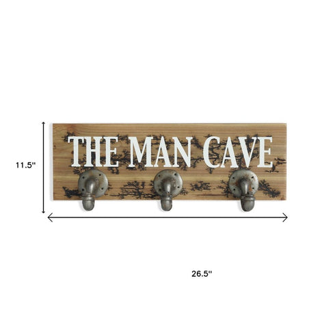 12" X 27" Natural Silver And White Man Cave Metal And Wood Wall Decor With Hooks
