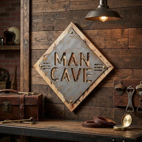 19" X 18" Gray And Natural Man Cave Metal And Wood Wall Decor