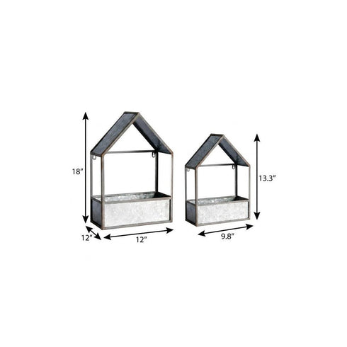 Set of Two Gray Galvanized Metal Novelty House Shaped Hanging Planters