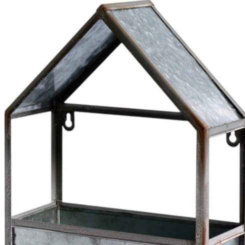 Set of Two Gray Galvanized Metal Novelty House Shaped Hanging Planters