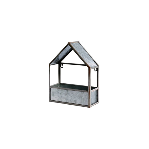 Set of Two Gray Galvanized Metal Novelty House Shaped Hanging Planters
