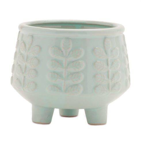 Set of Four Teal Blue Ceramic 1 Ounce Leaf Round Pot Planters