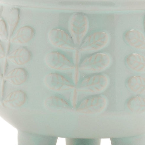 Set of Four Teal Blue Ceramic 1 Ounce Leaf Round Pot Planters
