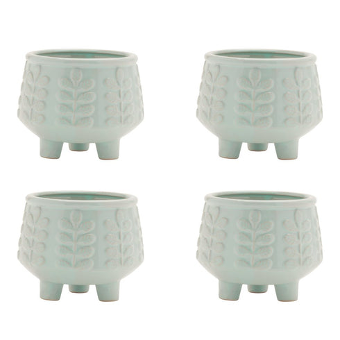 Set of Four Teal Blue Ceramic 1 Ounce Leaf Round Pot Planters