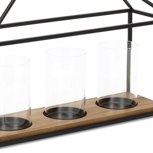 15" Black Metal Glass And Wood Geometric Three Light Hurricane Candle Holder