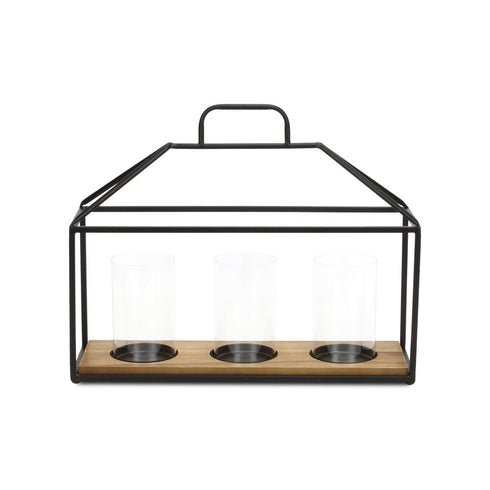 15" Black Metal Glass And Wood Geometric Three Light Hurricane Candle Holder
