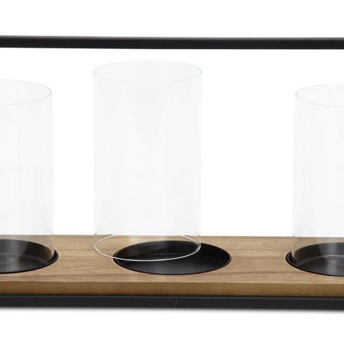 15" Black Metal Glass And Wood Geometric Three Light Hurricane Candle Holder
