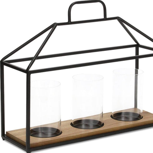 15" Black Metal Glass And Wood Geometric Three Light Hurricane Candle Holder
