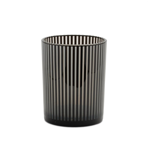 Set of Two Black Striped Glass Tabletop Pillar Candle Holders