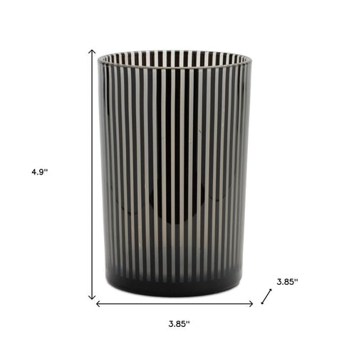 Set of Two Black Striped Glass Tabletop Pillar Candle Holders