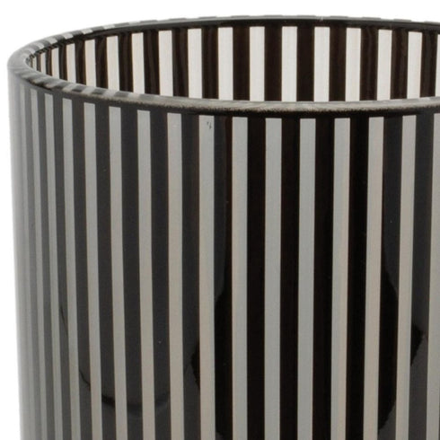 Set of Two Black Striped Glass Tabletop Pillar Candle Holders