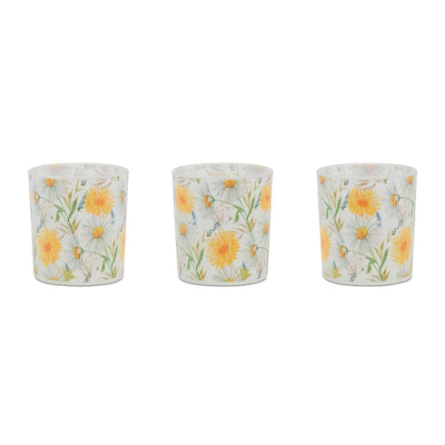 Set of Three Yellow And Green Floral Glass Tabletop Pillar Candle Holders