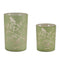 Set of Two Green Floral Glass Tabletop Pillar Candle Holders