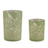 Set of Two Green Floral Glass Tabletop Pillar Candle Holders