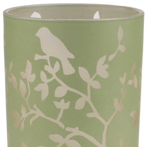 Set of Two Green Floral Glass Tabletop Pillar Candle Holders