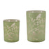 Set of Two Green Floral Glass Tabletop Pillar Candle Holders