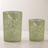 Set of Two Green Floral Glass Tabletop Pillar Candle Holders