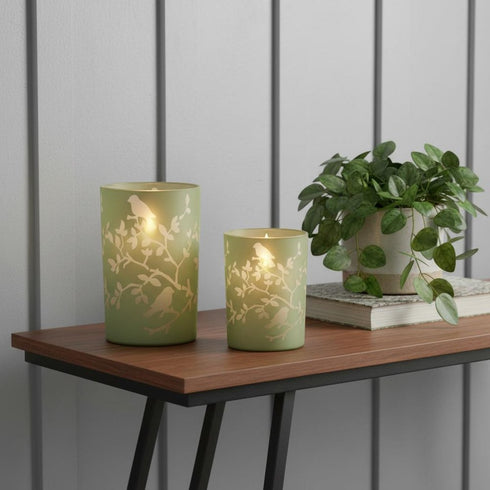 Set of Two Green Floral Glass Tabletop Pillar Candle Holders