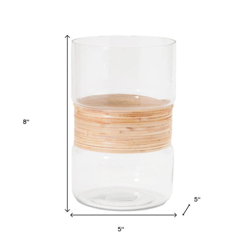 Set of Two Clear And Beige Abstract Glass Tabletop Pillar Candle Holders