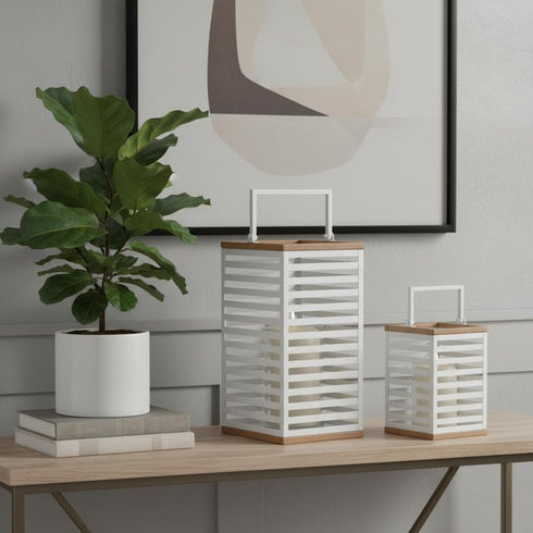Set of Two White Abstract Metal Tabletop Pillar Candle Holders