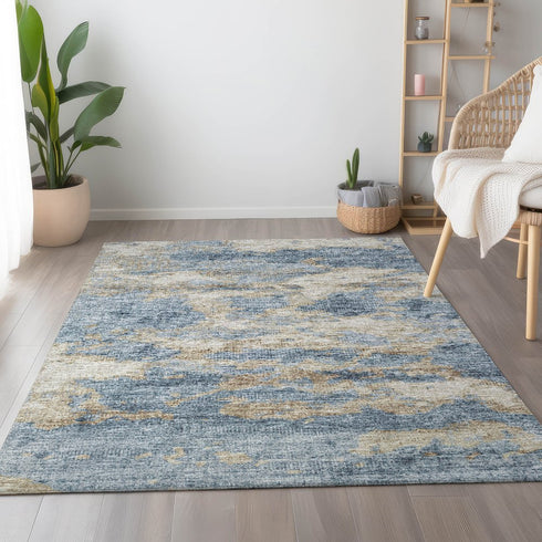 10' X 14' Blue Silver And Gold Abstract Washable Area Rug With UV Protection