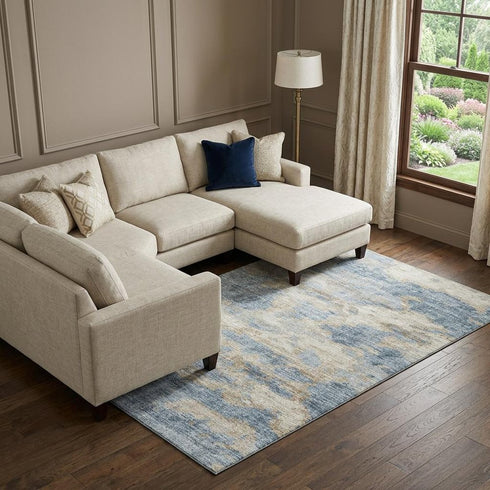 10' X 14' Blue Silver And Gold Abstract Washable Area Rug With UV Protection