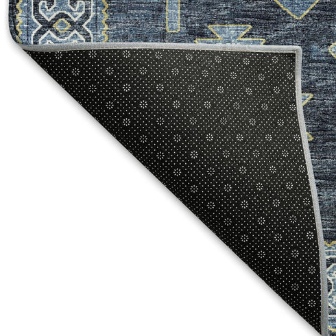 9' X 12' Blue And Sky Blue Diamond Distressed Washable Area Rug With UV Protection