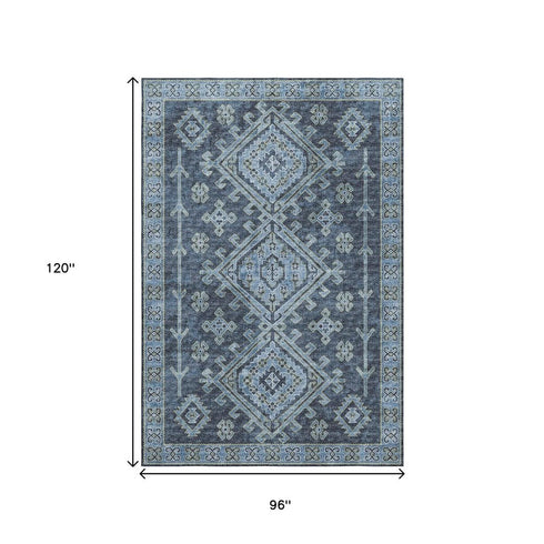 9' X 12' Blue And Sky Blue Diamond Distressed Washable Area Rug With UV Protection