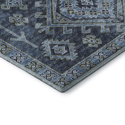 9' X 12' Blue And Sky Blue Diamond Distressed Washable Area Rug With UV Protection