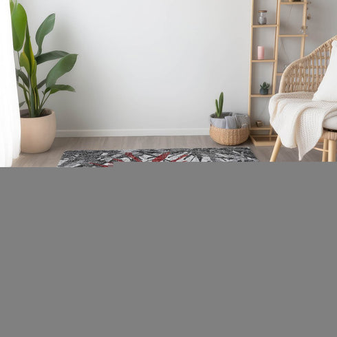 9' X 12' Red Charcoal And Gray Abstract Washable Area Rug With UV Protection