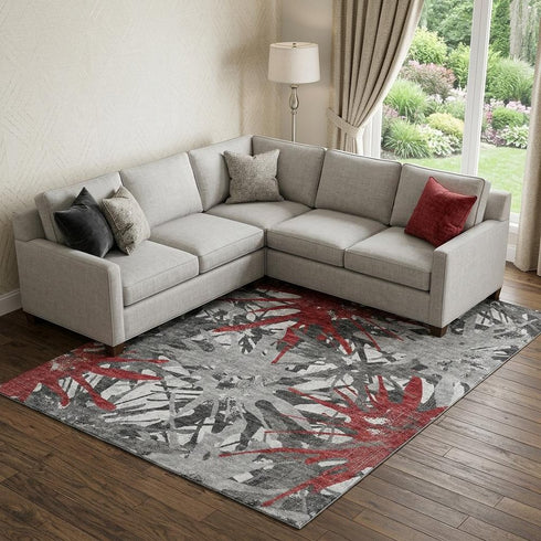 9' X 12' Red Charcoal And Gray Abstract Washable Area Rug With UV Protection