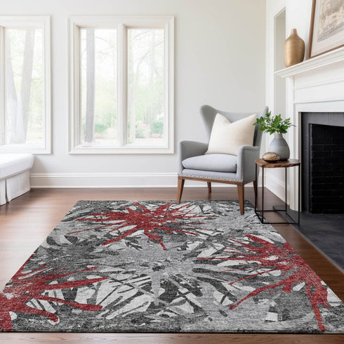 9' X 12' Red Charcoal And Gray Abstract Washable Area Rug With UV Protection