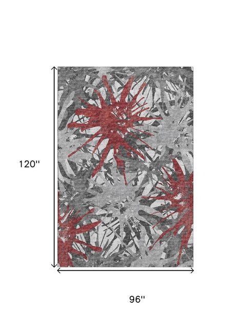 9' X 12' Red Charcoal And Gray Abstract Washable Area Rug With UV Protection