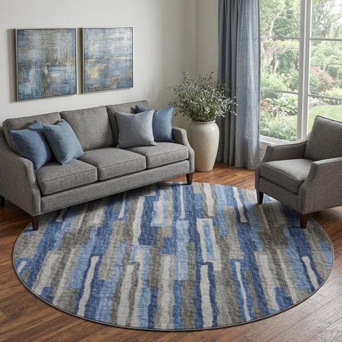 9' X 12' Blue Ivory And Gray Abstract Distressed Washable Area Rug With UV Protection