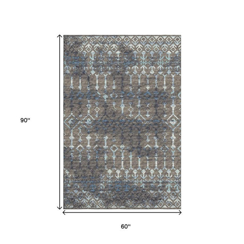 9' X 12' Burnished Brown And Blue Tribal Washable Area Rug With UV Protection