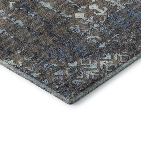 9' X 12' Burnished Brown And Blue Tribal Washable Area Rug With UV Protection
