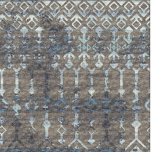 9' X 12' Burnished Brown And Blue Tribal Washable Area Rug With UV Protection