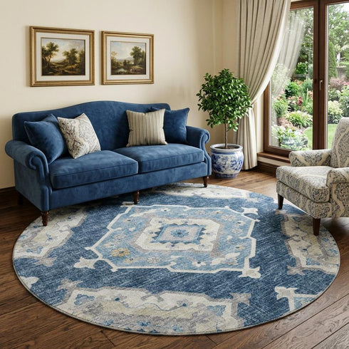 9' X 12' Blue And Ivory Tribal Distressed Washable Area Rug With UV Protection