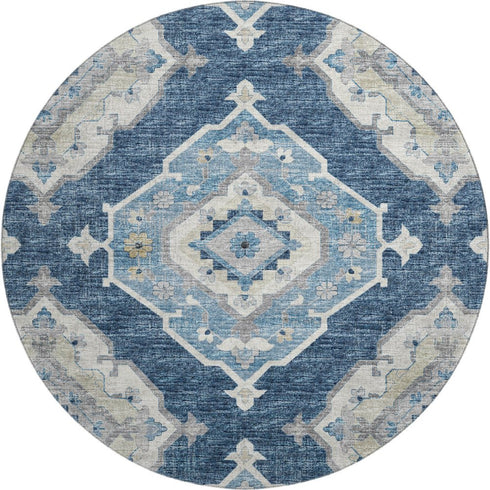 9' X 12' Blue And Ivory Tribal Distressed Washable Area Rug With UV Protection