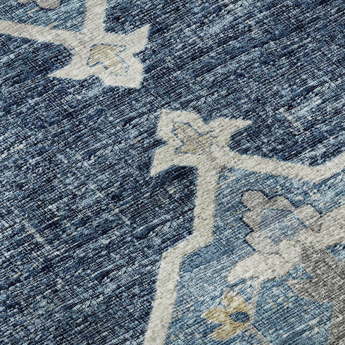 9' X 12' Blue And Ivory Tribal Distressed Washable Area Rug With UV Protection
