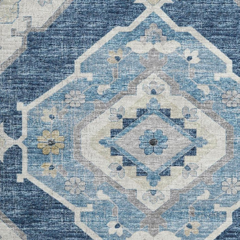 9' X 12' Blue And Ivory Tribal Distressed Washable Area Rug With UV Protection